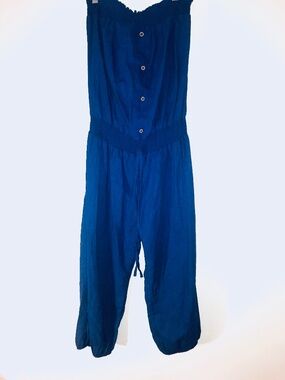NWT Nana USA Blue Linen Rayon Halter Neck Ruched Jumpsuit Romper Plus Size 2XL